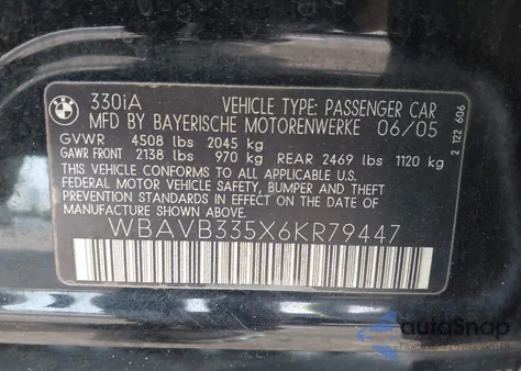 2006 BMW 330I from USA, damaged, VIN WBAVB335X6KR79447